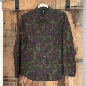 Jones New York Green and Purple Paisley Button Down Shirt- NWOT